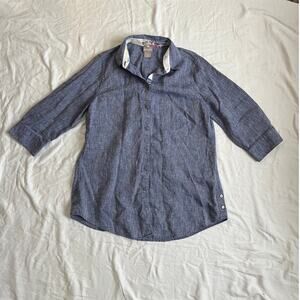Chico's Linen No Iron Linen Blue Tunic Button Down Shirt Picture Cuffs 0 Small
